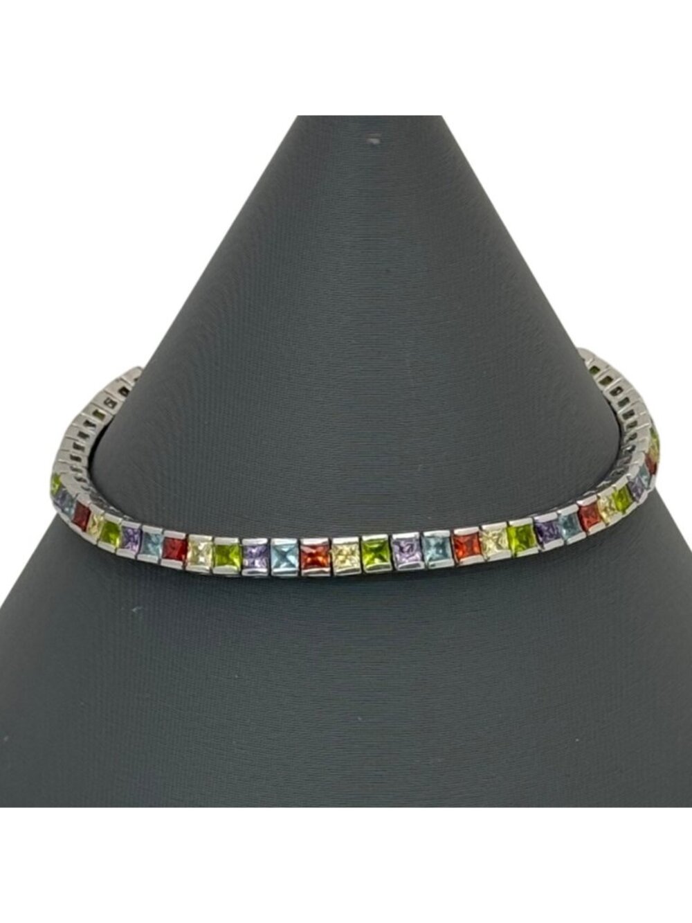 Multi Gemstone Tennis Bracelet Sterling Silver 925 Rainbow Square Gemstone 7 FAS